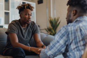 diverse guy at therapy session counseling. June and November Men's mental health awareness month