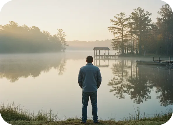 Person standing beside a calm lake in Eufaula, with a dock, boats, and misty pine trees in the background.