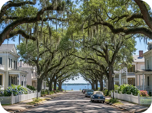 Historic Eufaula street lined with oak trees, Southern homes, and a view of the water.