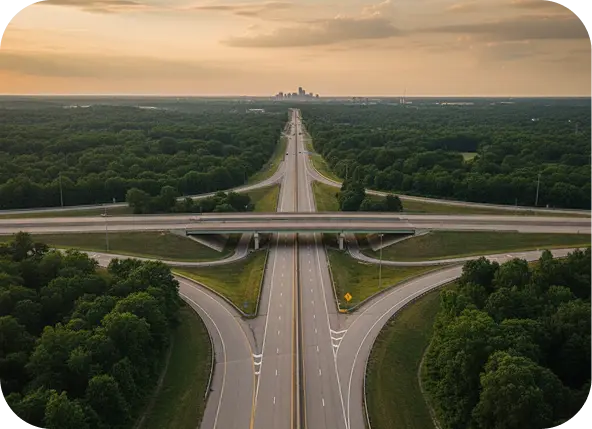 A highway with a train going by
